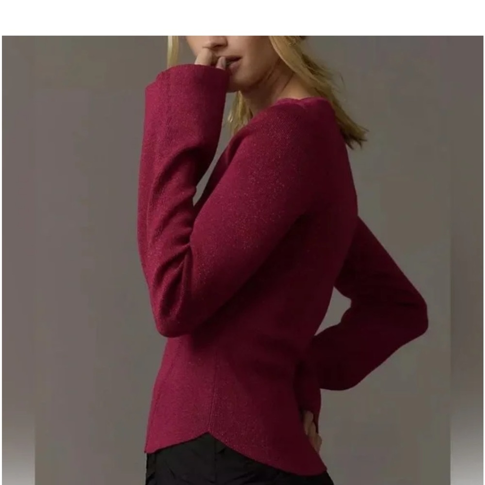 Maeve by Anthropologie‎ NWT Square Neck Bell Sleeve Sweater Raspberry Sparkle - Picture 2 of 9